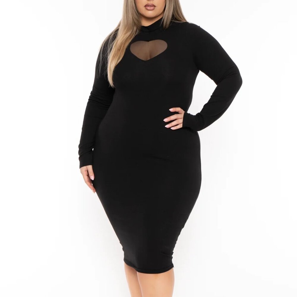 Curvy Sense Black Fitted Long Sleeve Midi Dress Cut Out Mesh Heart New 1X